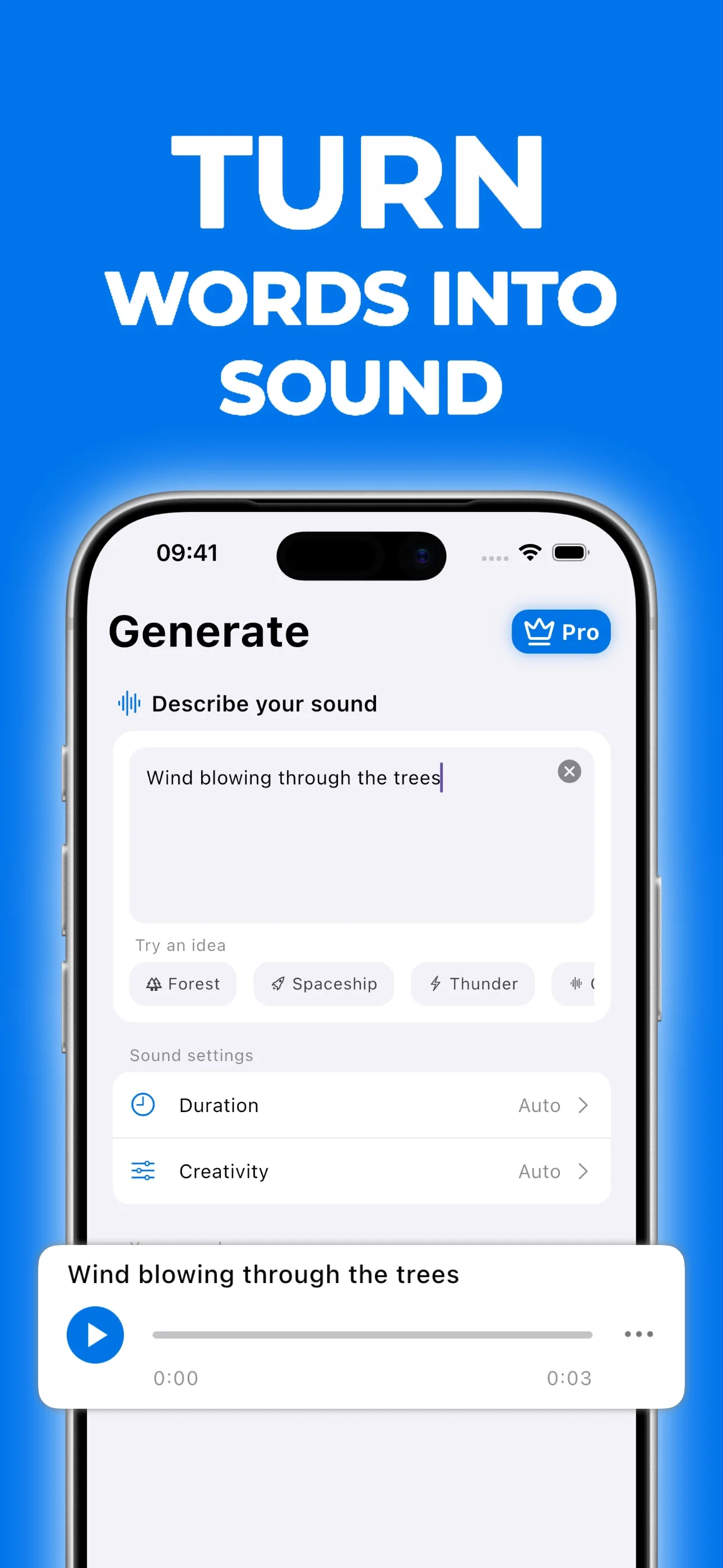 AI Sound Effects Generate screen turning a text description into a sound effect